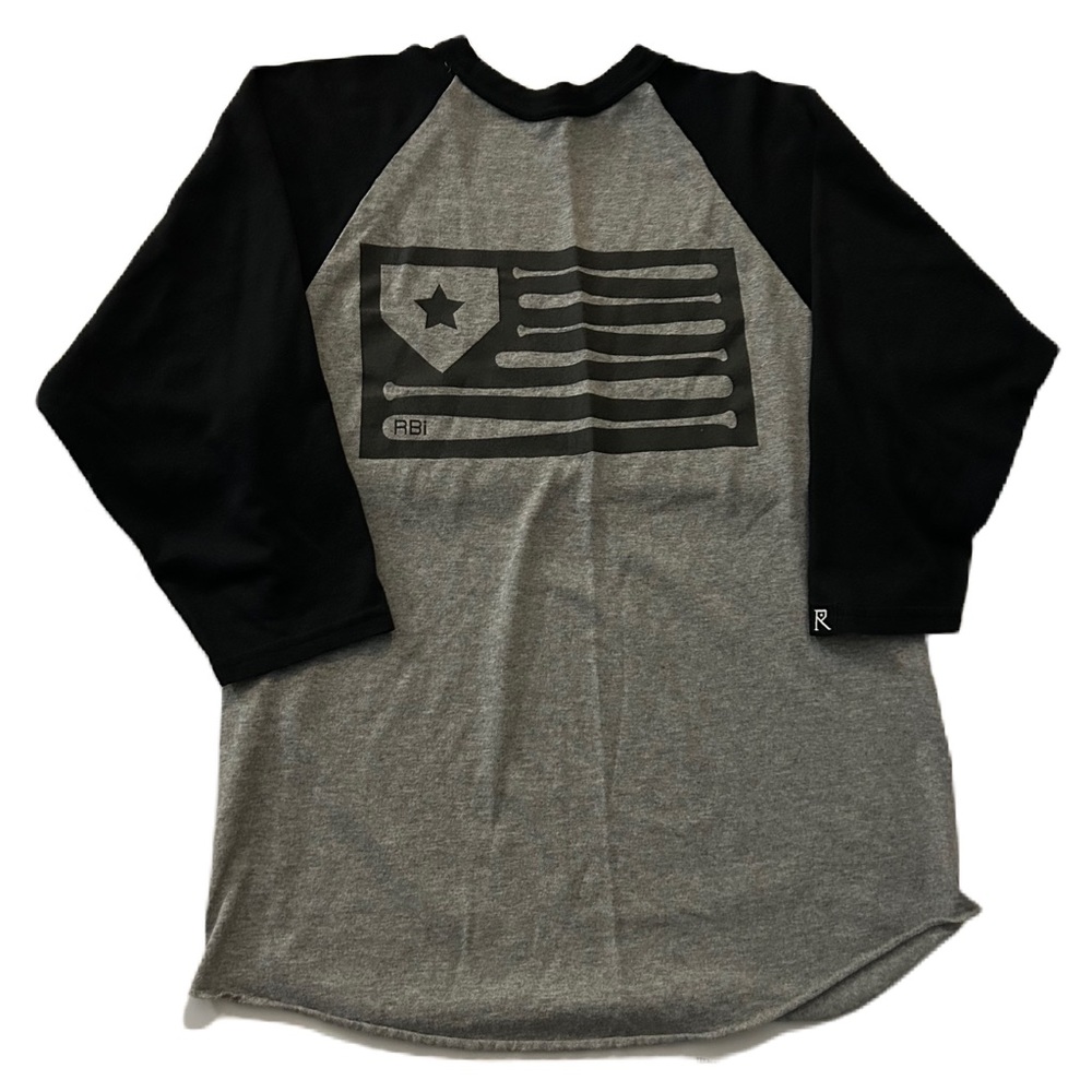 Routine Baseball Men’s Gray and Black American Flag 🇺🇸 3/4 Sleeve Raglan Tee Med